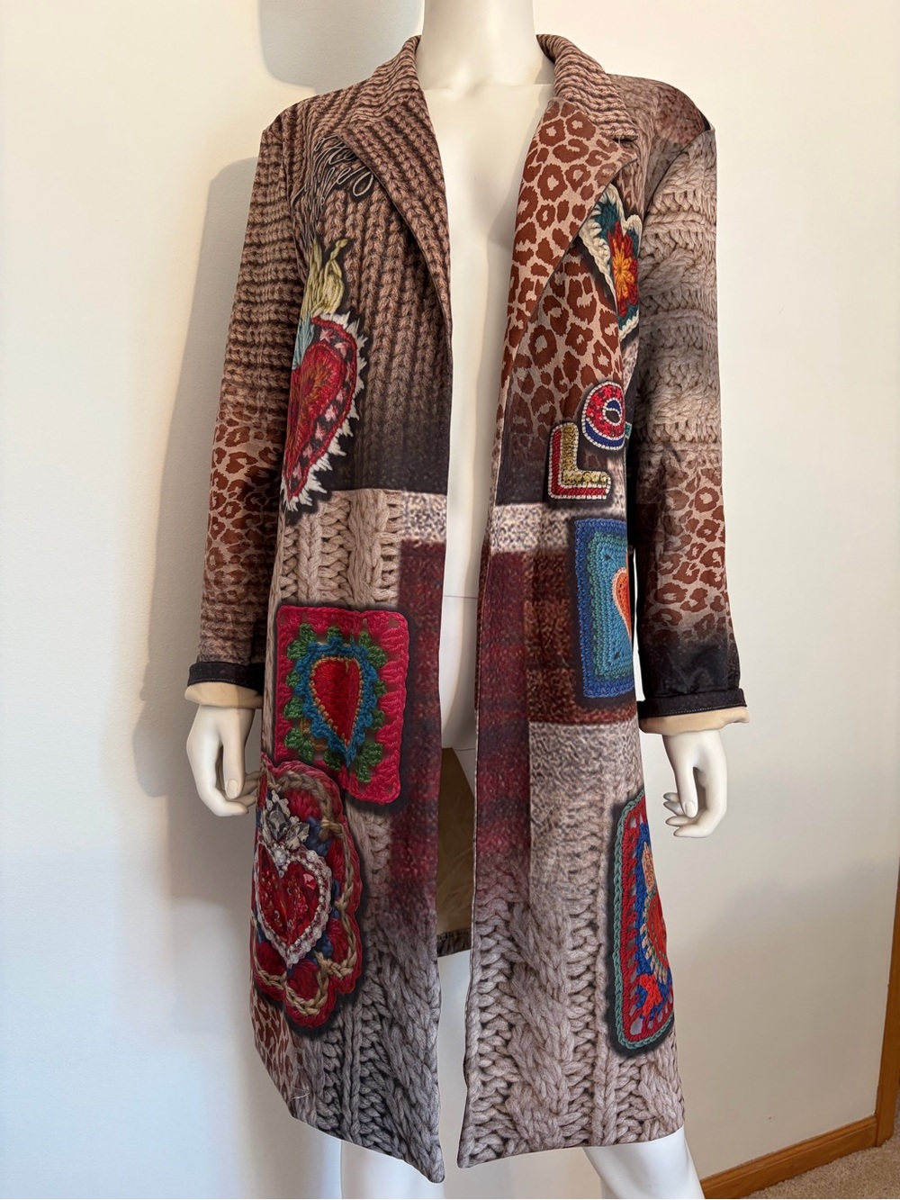#958 Marisima Made In Italy Women’s Brown BoHo Love Print Duster Coat